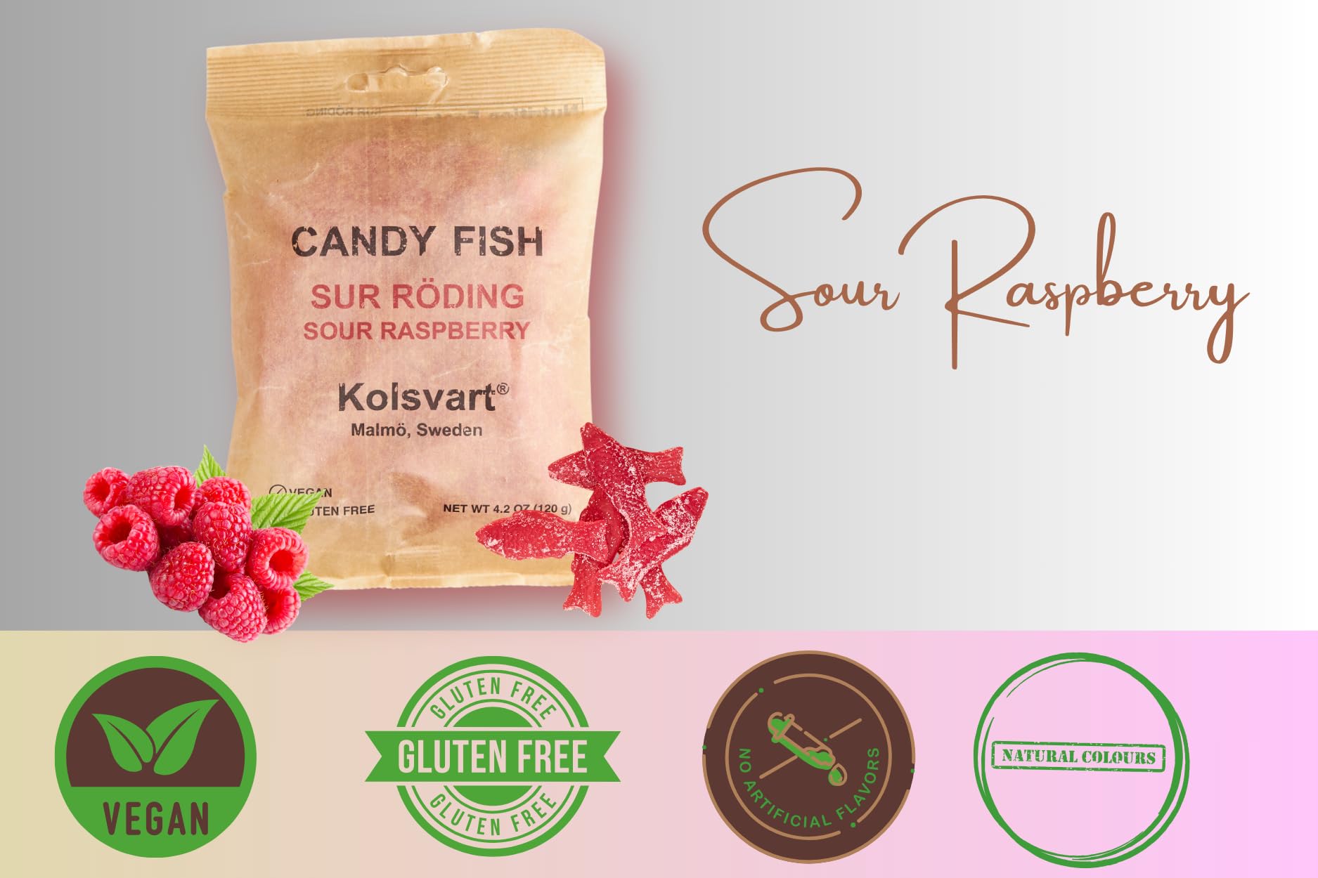 Kolsvart Sour Raspberry Swedish Candy - Vegan & Gluten-Free Gummies with Natural Fruit Flavor - Scandinavian Gummy Candy - 4.2 oz Each (Pack of 5)
