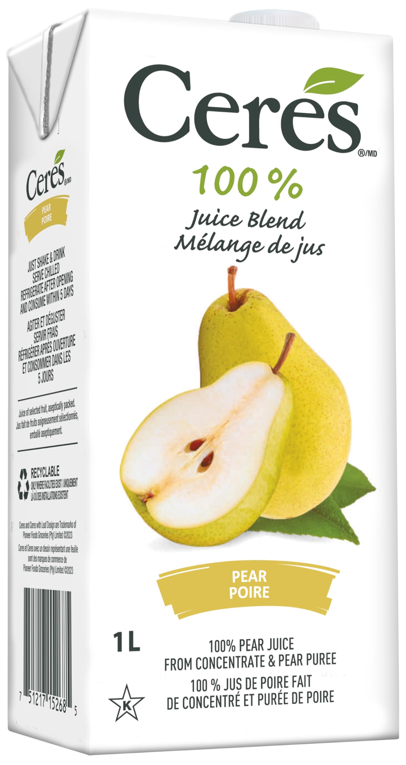 Ceres 100% All Natural Pure Fruit Juice Blend, Pear - Gluten Free, Rich in Vitamin C, No Added Sugar or Preservatives, Cholesterol Free - 33.8 FL OZ