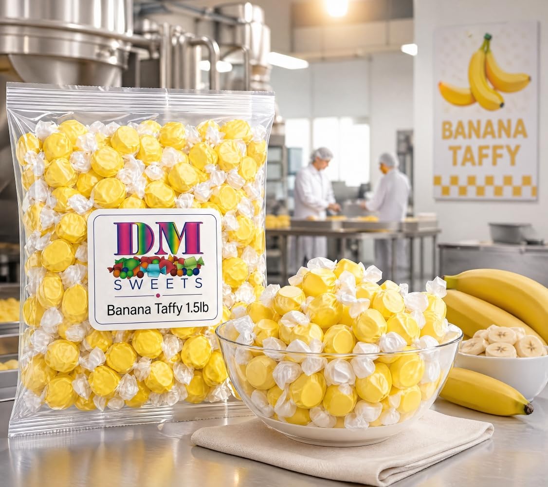Banana Taffy - 1.5 lbs of Chewy Candy in a Bulk Bag Soft Individually Wrapped Classic Salt Water Flavor