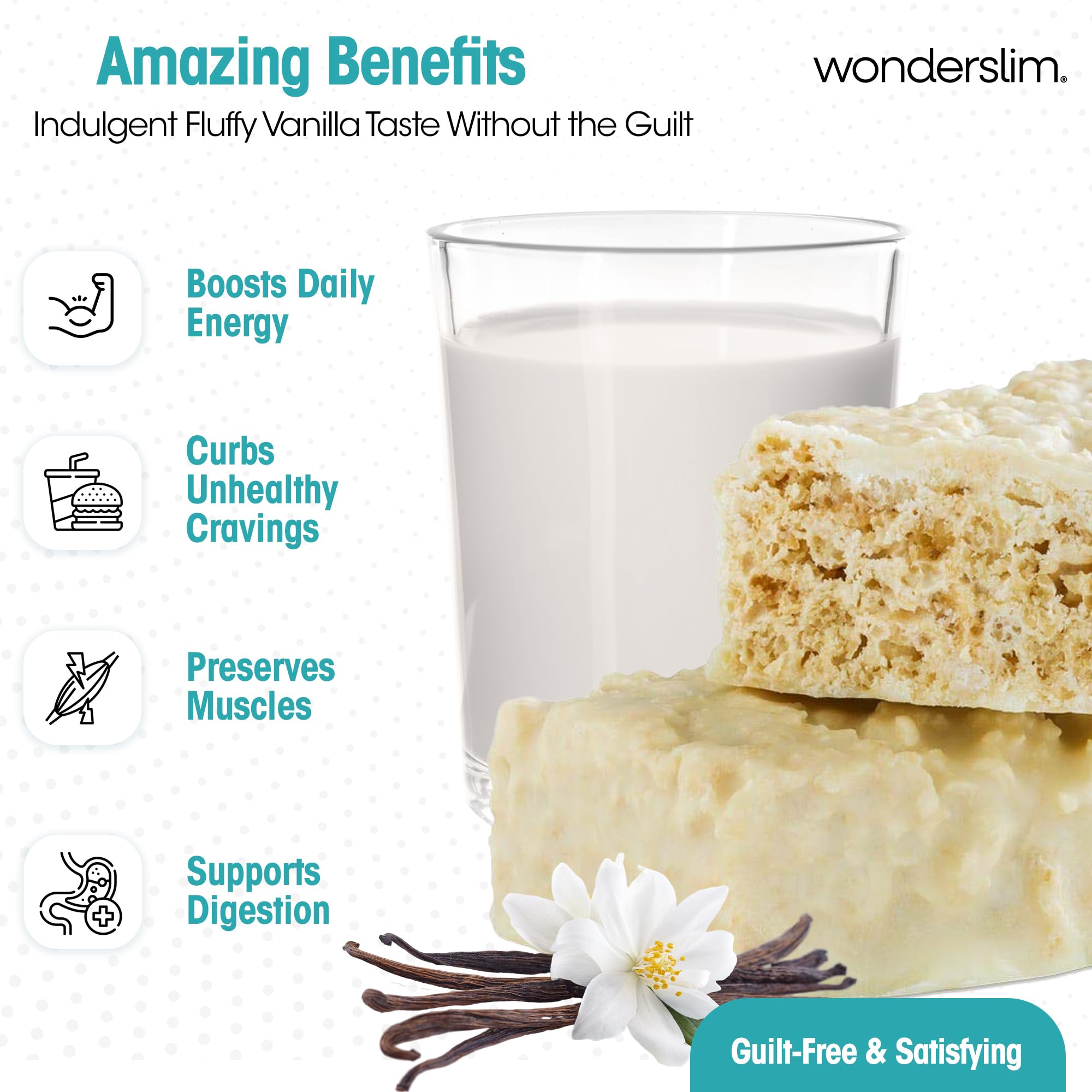 Wonderslim High Fiber Protein Bars, Fluffy Vanilla Crisp | 15g Protein, 6g Fiber | Low Sugar, Low Carb | Healthy Indulgence | Satisfying, Supports