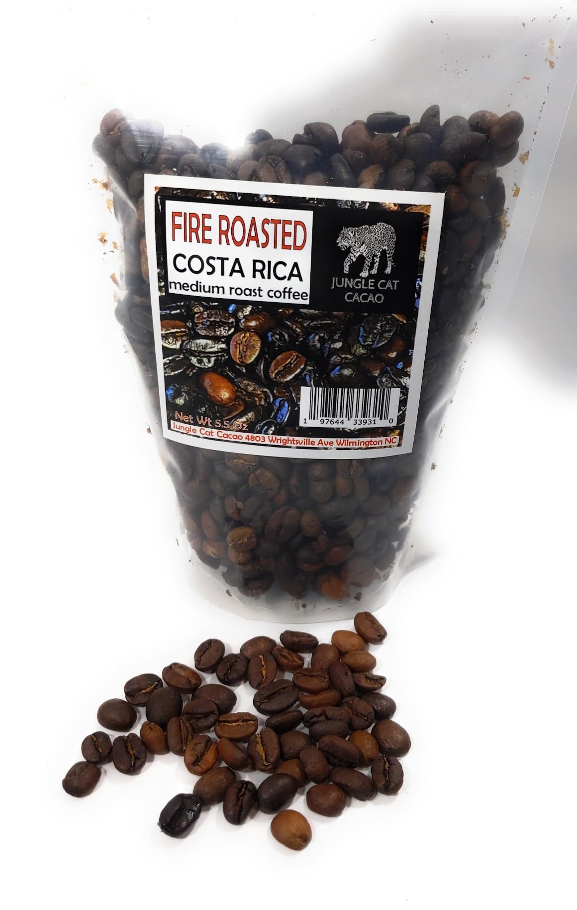 Jungle Cat Cacao - Fire Roasted Costa Rican Coffee - Medium Roast - Whole Bean - Rich and Smooth Flavor - Roasted Over Open Flame - 5.5oz.