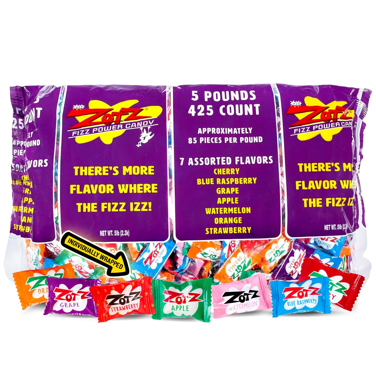 ZOTZ Fizzy Sour Candy Bulk - Retro Italian Hard Candy Individually Wrapped - Classic Nostalgic Assorted Flavors Cherry, Watermelon, Strawberry, Blue