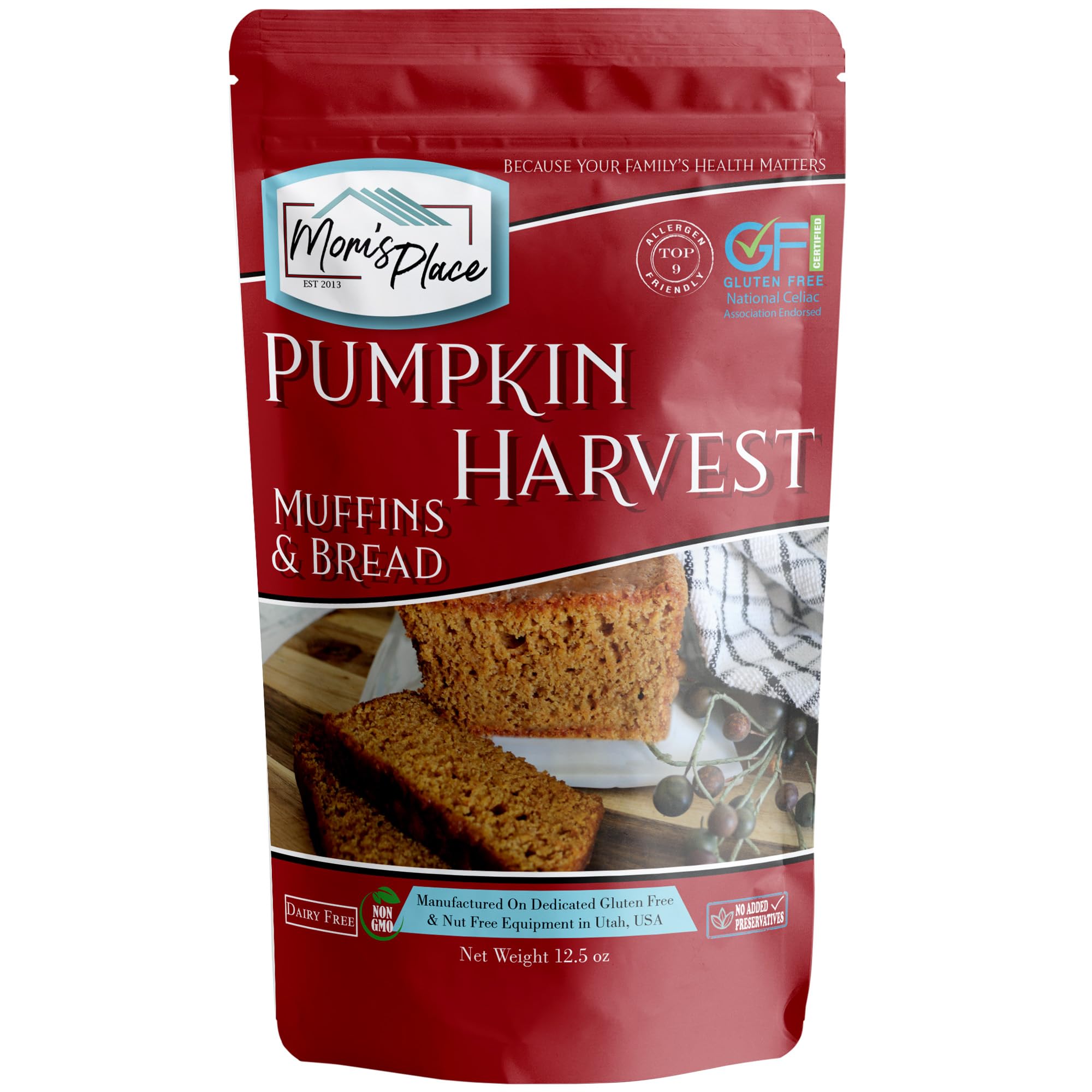 Mom's Place Gluten-Free Pumpkin Harvest Muffin & Bread Mix, Nut-Free, Soy Free & Dairy Free, 12 Servings, 12.5 oz