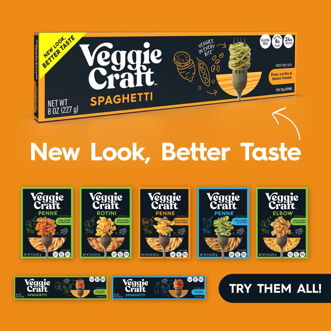 Veggiecraft Farms Spaghetti - NEW BETTER TASTE - Gluten Free Pasta, Thin Spaghetti Noodles, Plant Based Protein Spaghetti w/Lentil, Pea & Sweet
