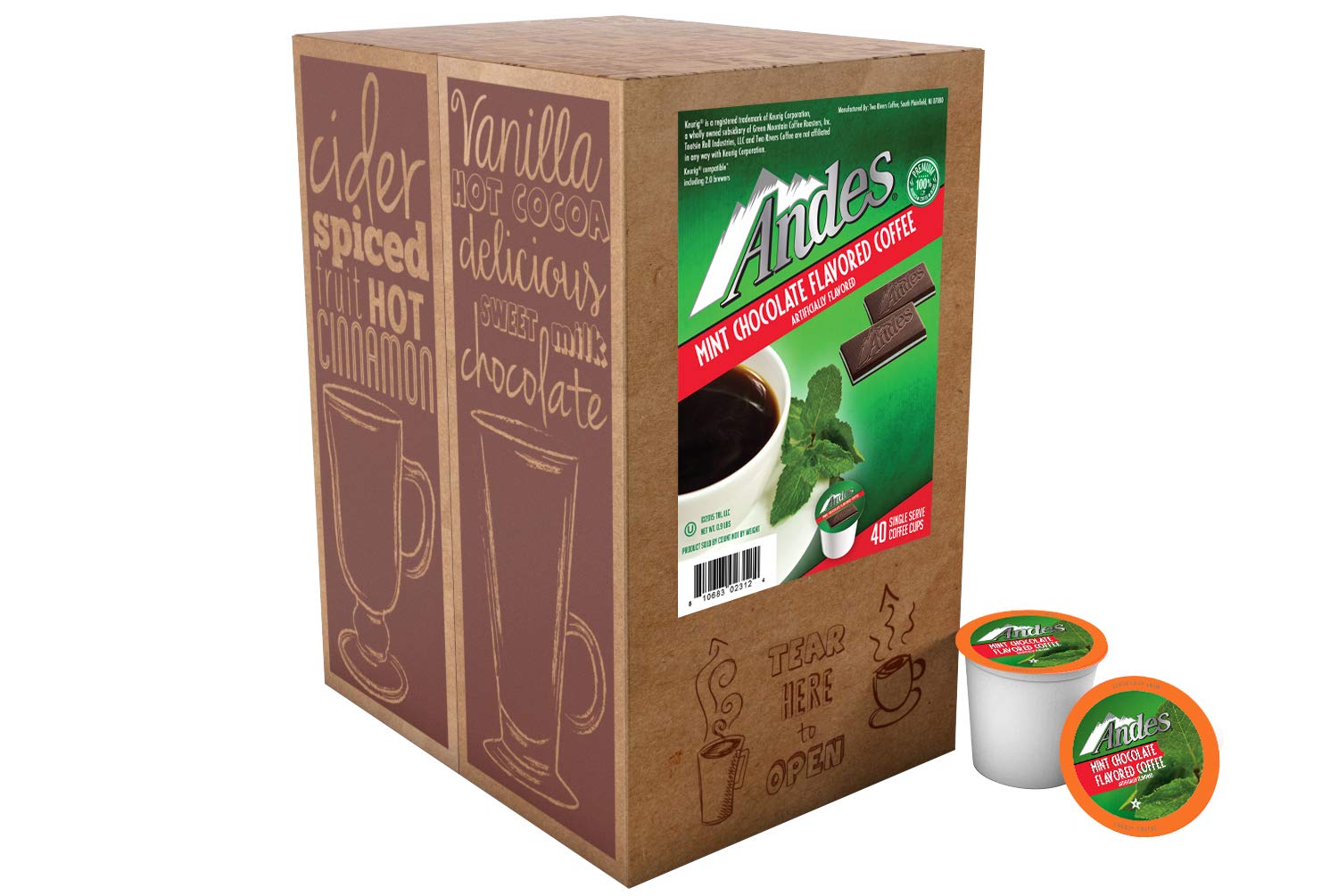 Andes Mints Chocolate Mint Flavored Coffee Pods, Compatible with K Cup Brewing Machines Including 2.0, Single Serve Peppermint Flavor Enhanced, 40
