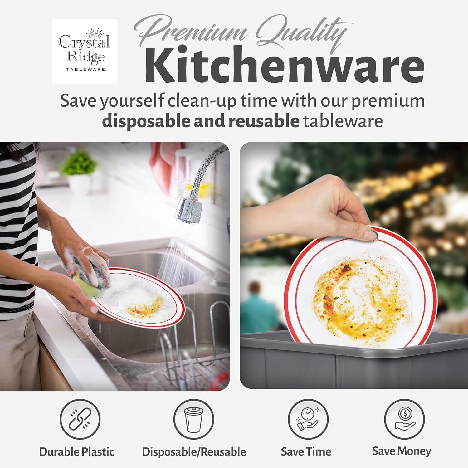 Crystal Ridge Tableware 120-Piece Premium Salad Plates Set - Disposable White Plastic With Red Rim for Party and Wedding