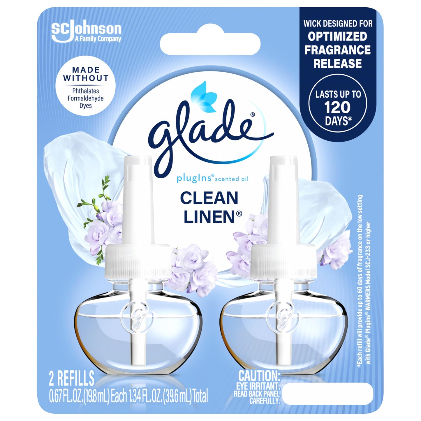 Glade PlugIns Refills Air Freshener, Scented and Essential Oils for Home and Bathroom, Clean Linen, 1.34 Fl Oz, 2 Count