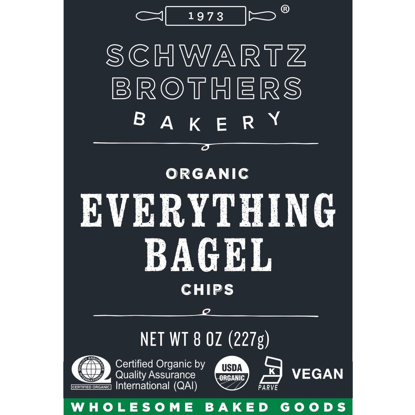 Everything Bagel Chips NY Style Bagel Crisps. Organic, Vegan, Kosher. From the artisans of Schwartz Brothers Bakery. Baked Fresh. Twice Baked. 8 ounce
