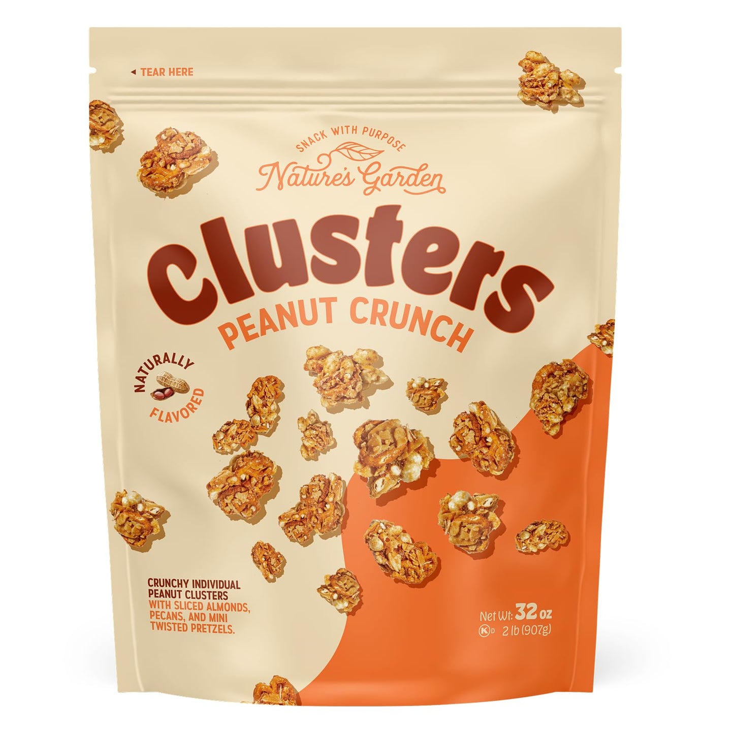 Nature’s Garden Clusters Peanut Crunch, 32oz Pouch - Big Chunky Nut & Pretzel Snack Bites with Almonds, Pecans - Crunchy, Nutrient-Dense, Guilt-Free