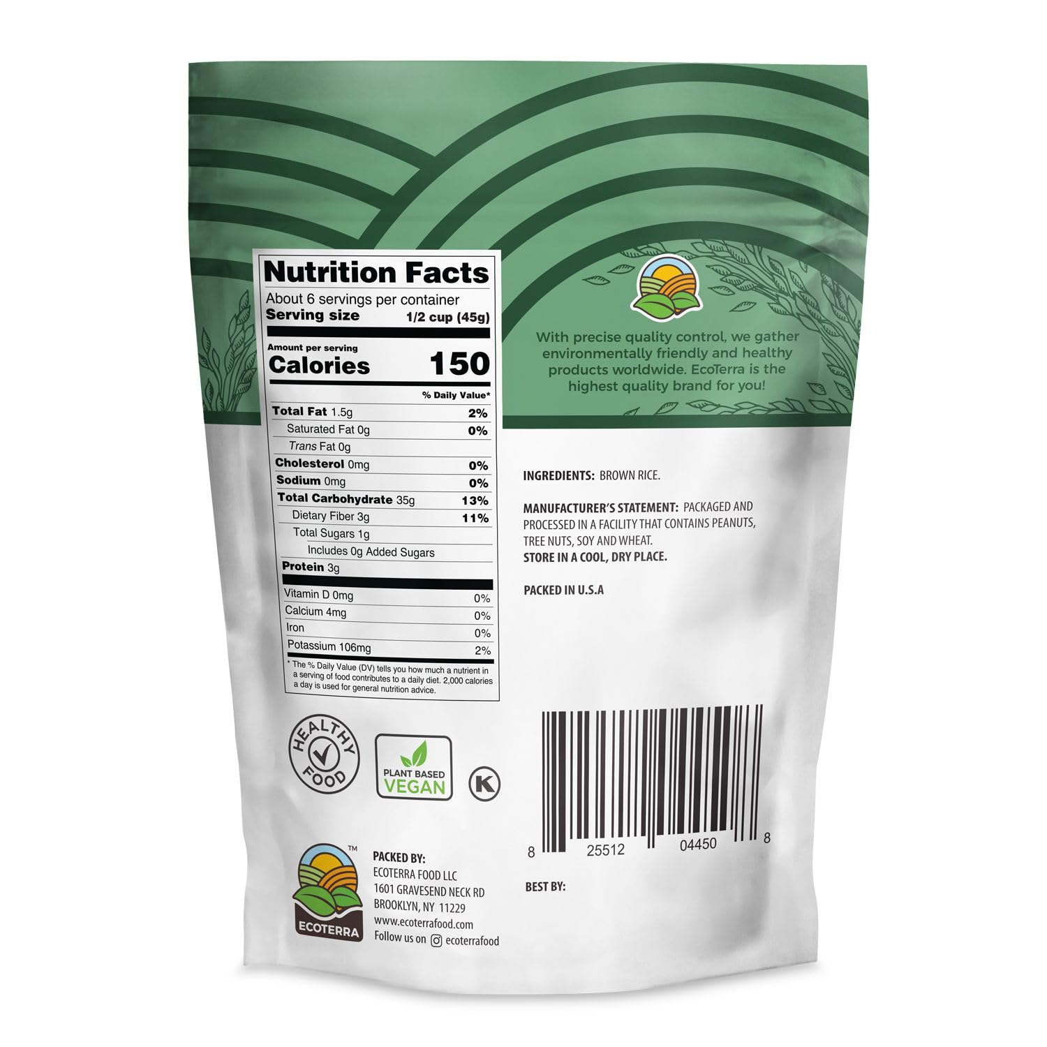 Ecoterra Brown Rice 16oz - Gluten-Free, Whole Grain - Non-GMO, Vegan - Healthy Side Dish & Perfect for Cooking