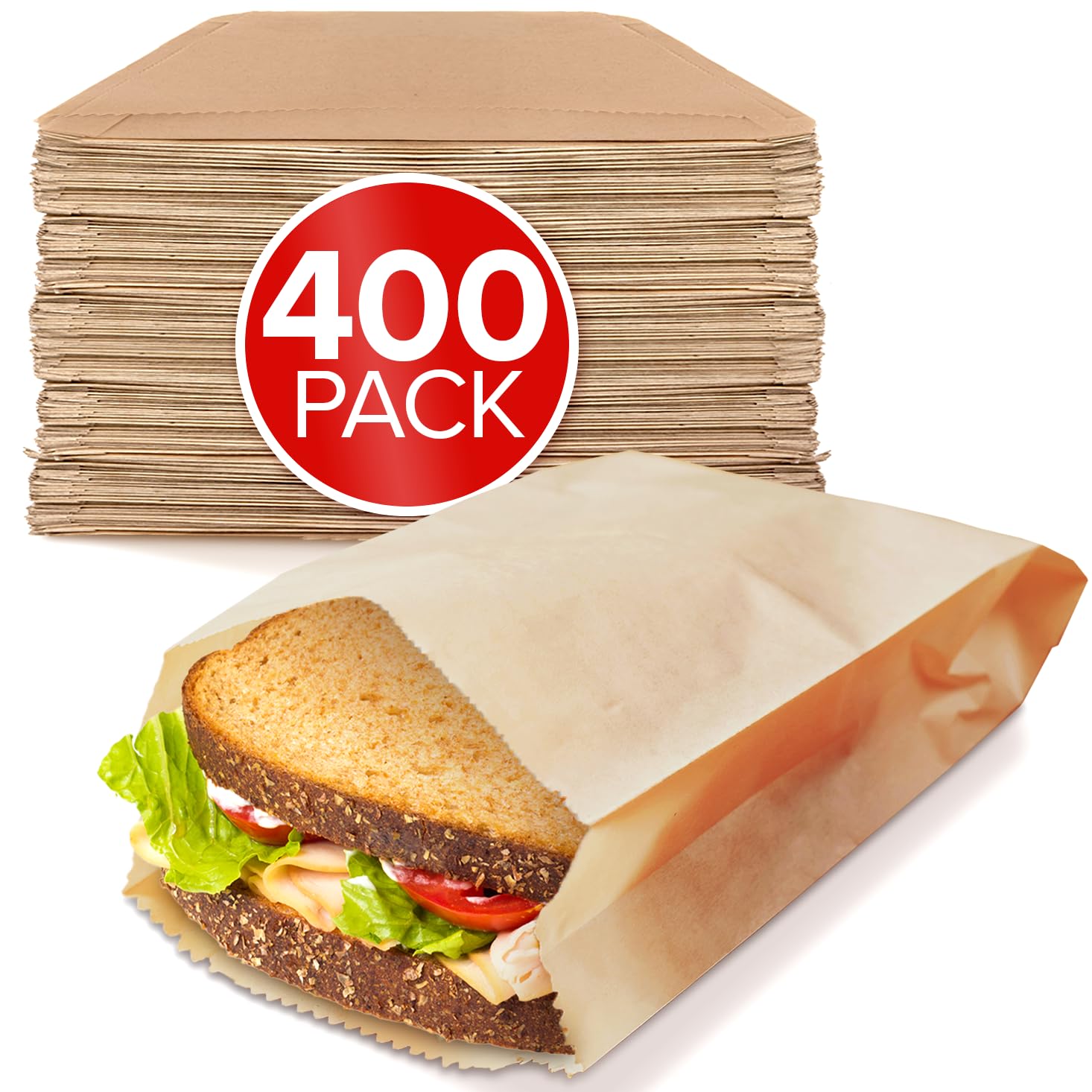 Kraft Brown Sandwich Bags (400 Pack) - Microwavable Unbleached Natural Kraft Paper Bags - Food Grade Grease Resistant Bags for Pastries, Cookies