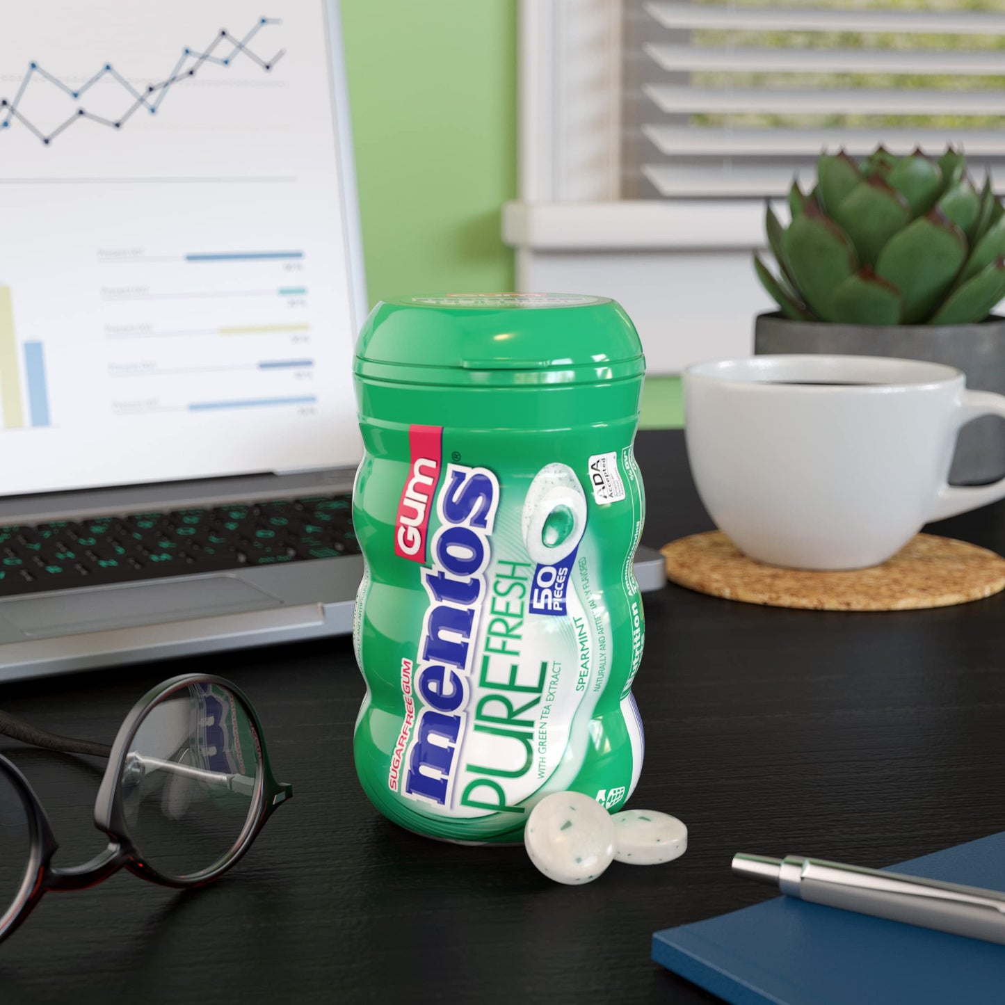 Mentos Pure Fresh Sugar Free Gum, Spearmint, 50 Piece Bottle, Pack of 6