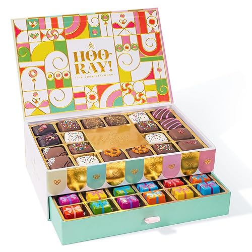 Birthday Gift Basket, Gourmet Candy Food Snack Box, Bday Him & Her, Men, Women, Family Party, Two-Tier Chocolate Gift Box with Assorted Belgian