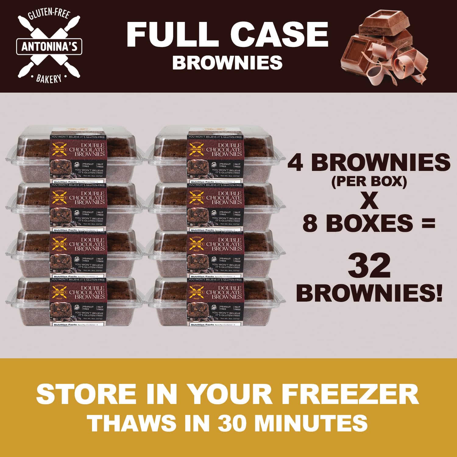 Antonina's Gluten-Free Bakery Double Chocolate Brownies | Certified Gluten-Free | Nut Free | Peanut Free | Taste Homemade | Four 4-Packs (16 Brownies)