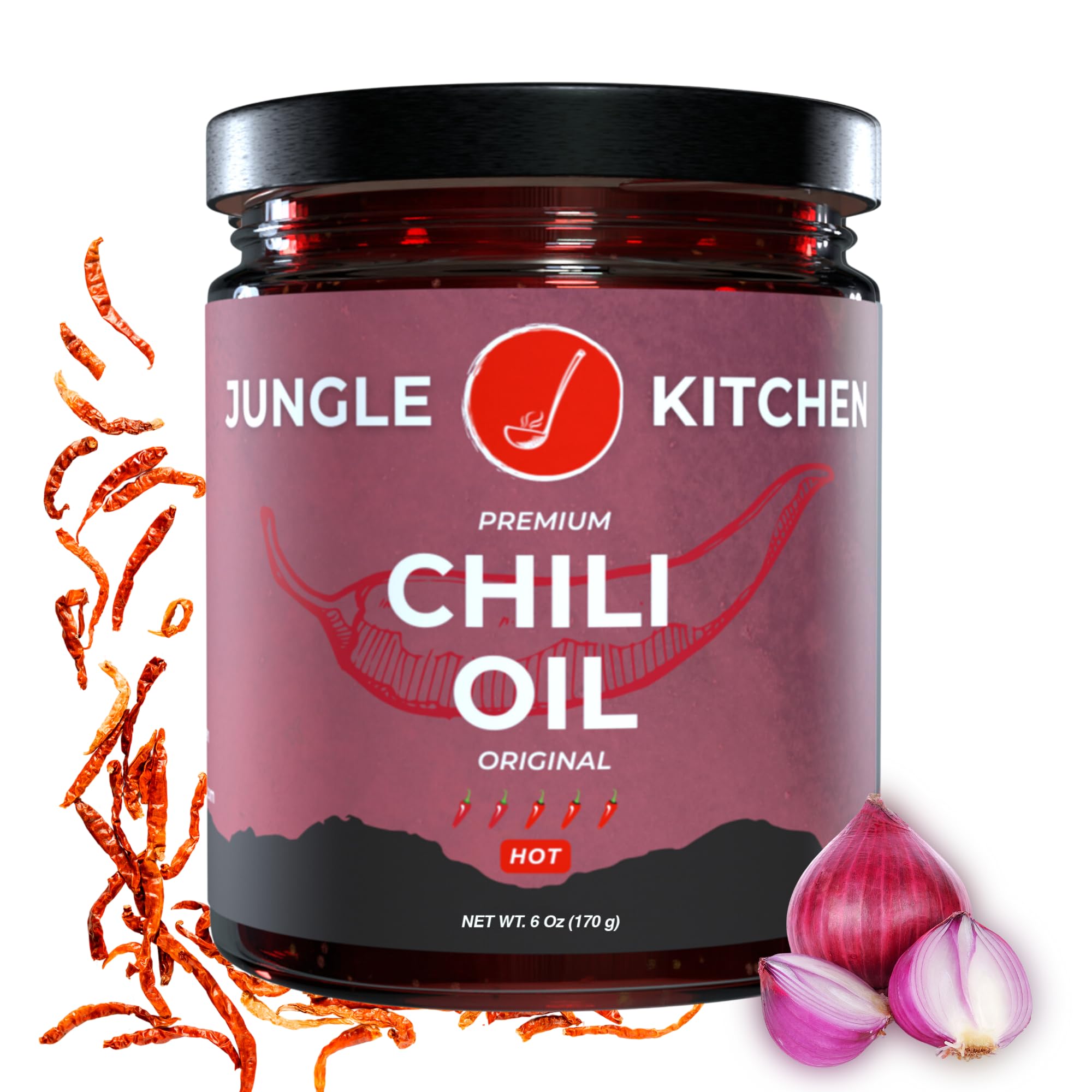 Jungle Kitchen Spicy Crunchy Garlic Chili Oil Vegan & Gluten-Free - Spicy Chili Crisp- Crunchy Garlic Chilli Oil Spicy Great Sauce & Toppings