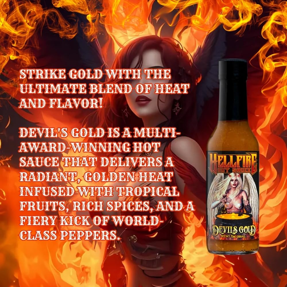 Hellfire Devil's Gold Hot Sauce, Multi Award-Winning, Gourmet Fruit-Based Hot Sauce, Features Yellow Super Hot Peppers and Exotic Fruits, Amazing