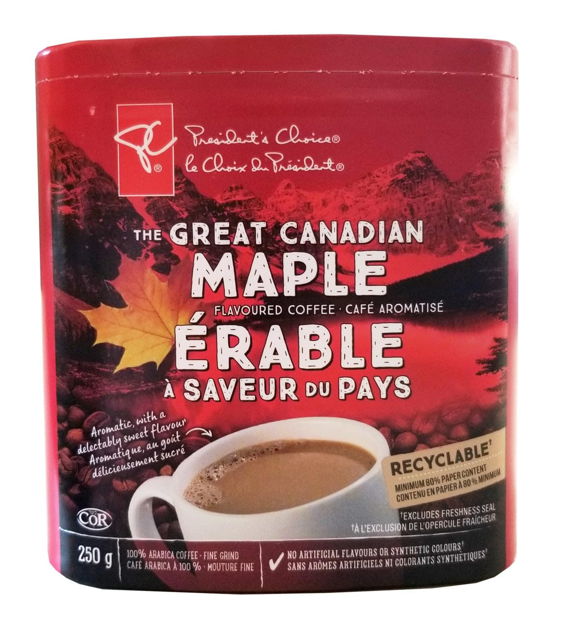 President's Choice The Great Canadian Maple Flavored Coffee, 250g/8.75 oz. Box (Medium Light Roast, Ground, Maple, 100% Arabica, Imported from Canada)