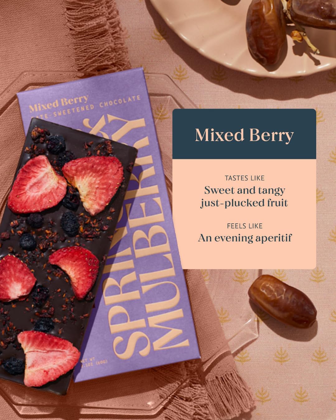 Spring & Mulberry, Bar Chocolate Pure Mixed Berry Date Sweetened, 2.1 Ounce