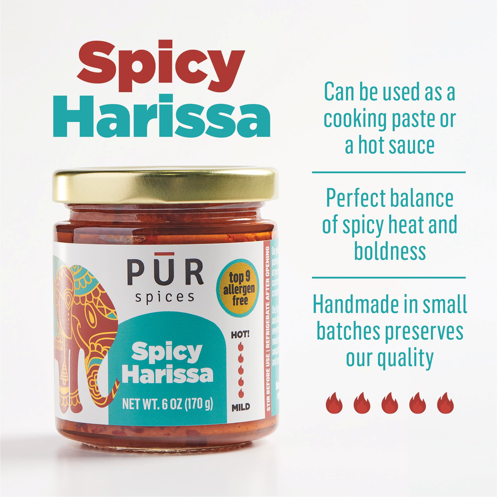 PUR Spices Original Spicy Harissa Paste I Hot Sauce for Cooking and Dipping I Spicy Chili Pepper and Garlic Paste | Middle Eastern Inspired | Plant