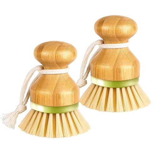 RADESCOO Bamboo Dish Brush, Scrub Brush for Dishes Pots Pans Kitchen Sink Cast Iron Skillet Cleaning, Pack of 2