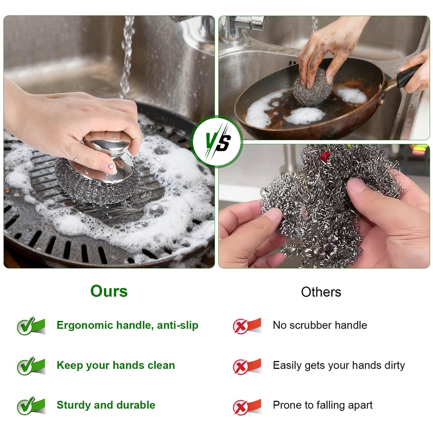 4PCS Steel Wool Scrubber Pads, Stainless Steel Scrubber Set with 3Pcs Steel Wool Pads, Steel Scrubber for Dishes, Ideal for Cleaning Cast Iron, Pots