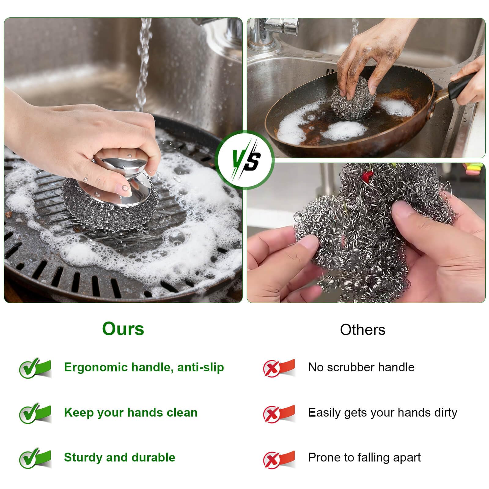 4PCS Steel Wool Scrubber Pads, Stainless Steel Scrubber Set with 3Pcs Steel Wool Pads, Steel Scrubber for Dishes, Ideal for Cleaning Cast Iron, Pots