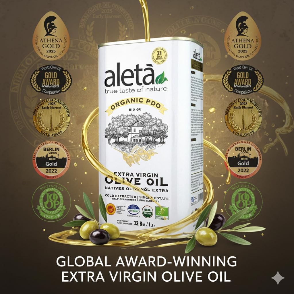Aleta Farms Olive Oil Extra Virgin, USDA Organic, Single Estate PDO Polyphenol Rich Olive Oil, Cold Pressed, Global Gold Awards, Kosher, 33.8 Fl oz