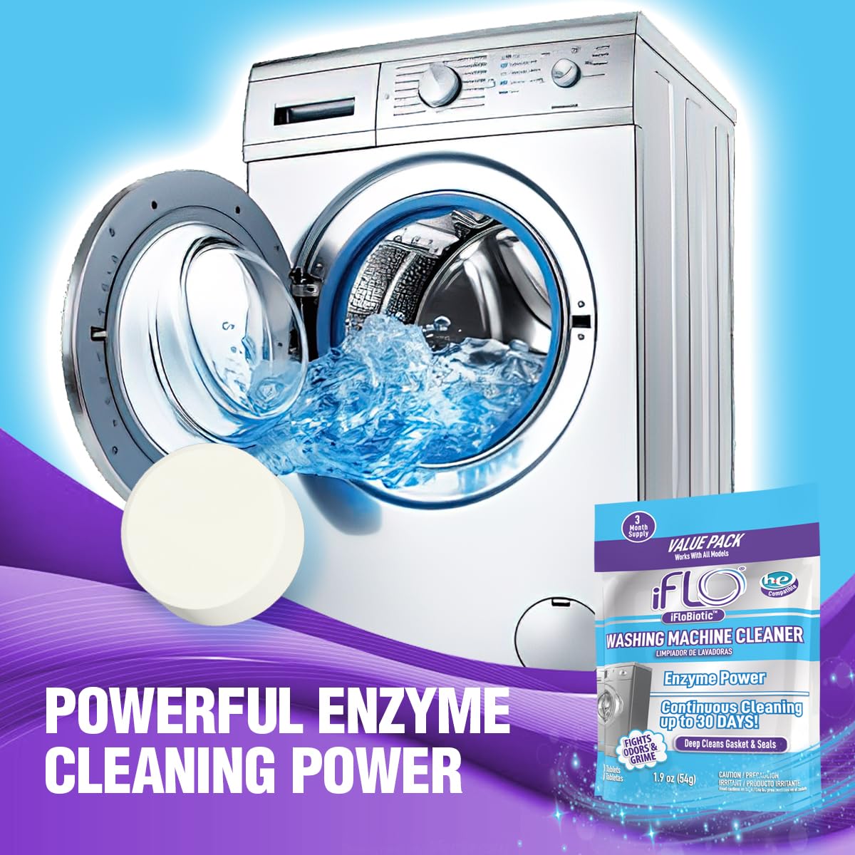 iFLO Washing Machine Cleaner Tablets - Powerful Washer Machine Cleaning and Deodorizer Tablets for Front Load, Top Load, and High-Efficiency Washer