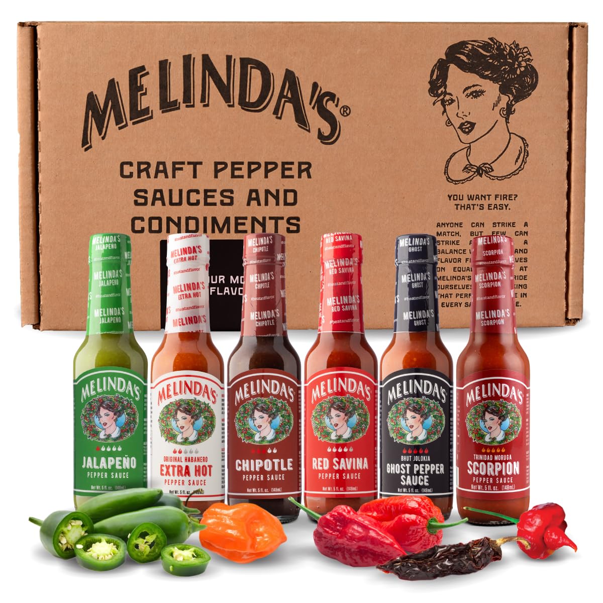 Melinda’s Pepper Sauce Challenge Collection - Extra Spicy Gourmet Hot Sauce Gift Set - Includes Jalapeño, Extra Hot Habanero, Chipotle, Red Savina