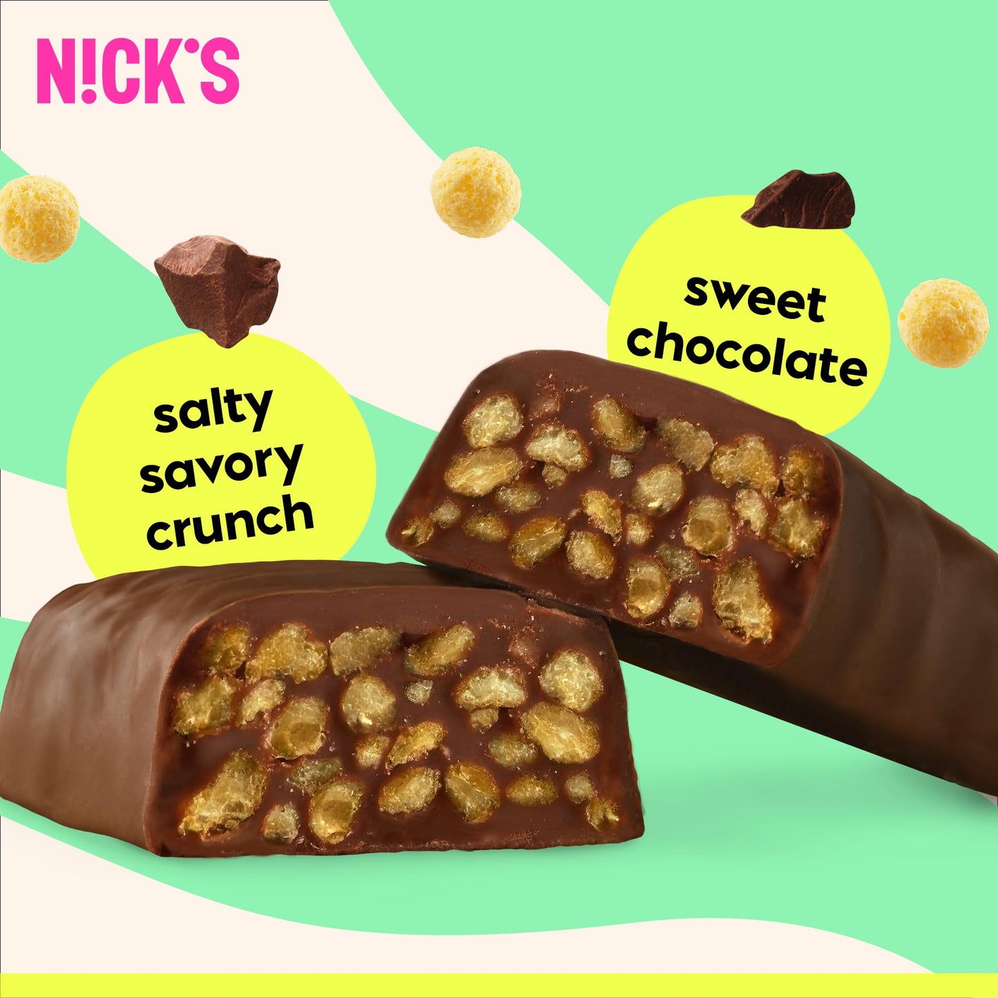N!CK'S Choco Crush Chocolate Candy Bar with Salted Corn Puffs, No Added Sugar, Gluten Free, 160 Calories, 1.13 oz - 15-Pack (32g Each)