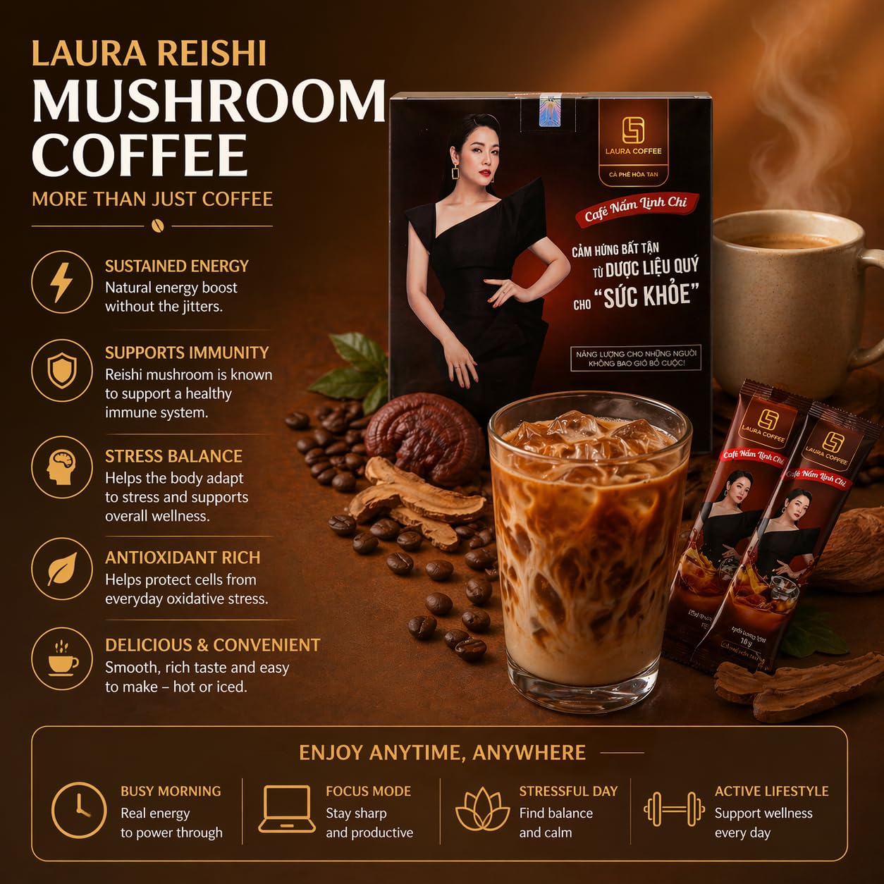 Laura Coffee Instant 3-in-1 Vietnamese Strong Coffee Mix with Cordyceps, Ganoderma, Reishi Mushroom - 10 Sachets