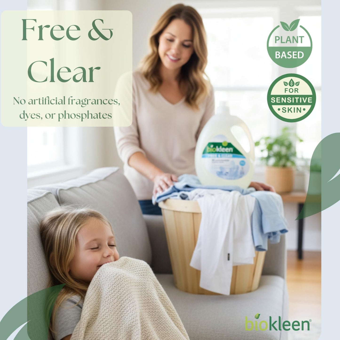 Biokleen Free & Clear Natural 3X Concentrated Liquid Laundry Detergent, 300 Loads, Plant-Based, Hypoallergenic, Removes Stains & Fights Odors, Dye