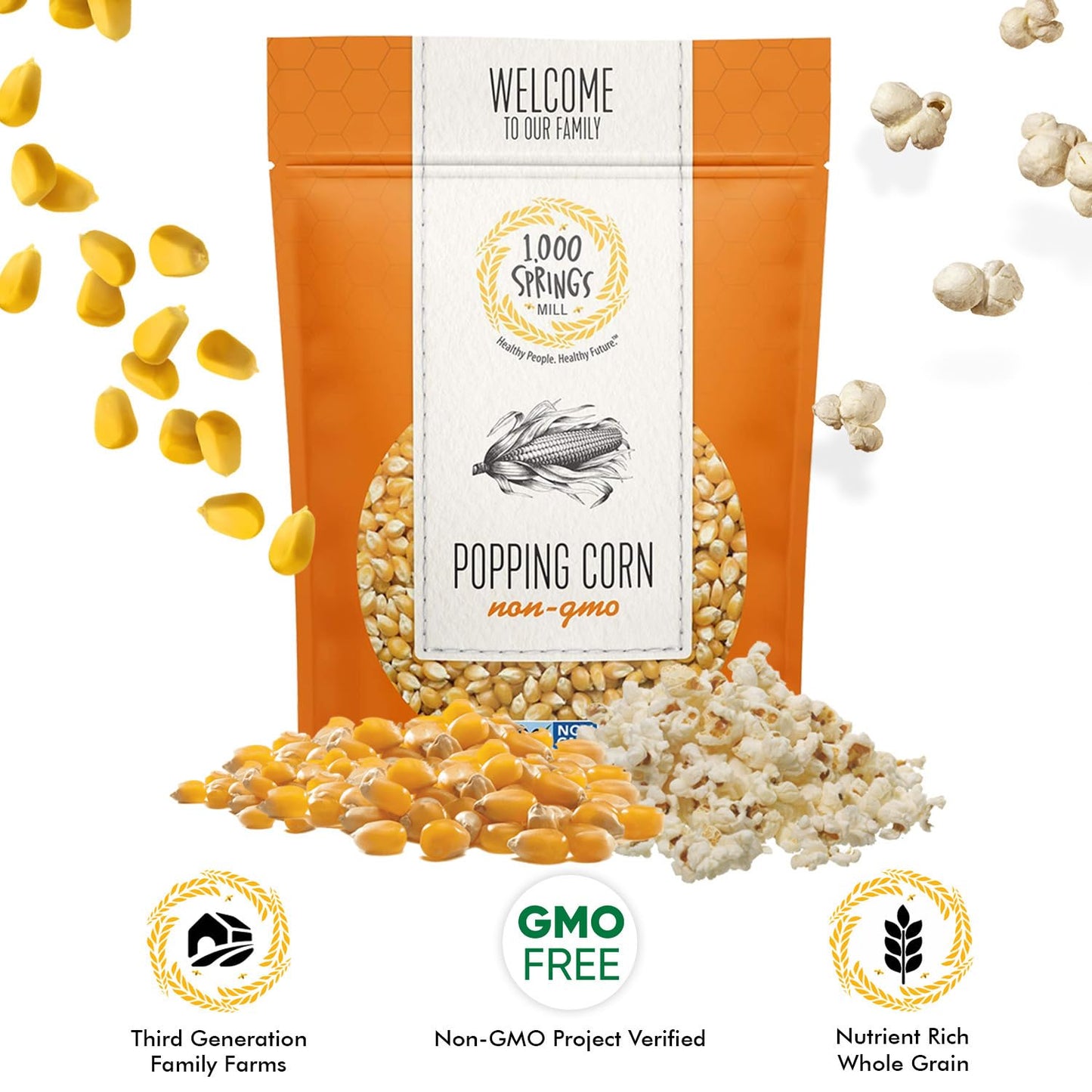 1000 Springs Mill Dry Popcorn Kernels - Non-GMO, Healthy Snack for Microwave or Stovetop - Bulk Organic Popcorn Kernels with Resealable Bag - Enjoy