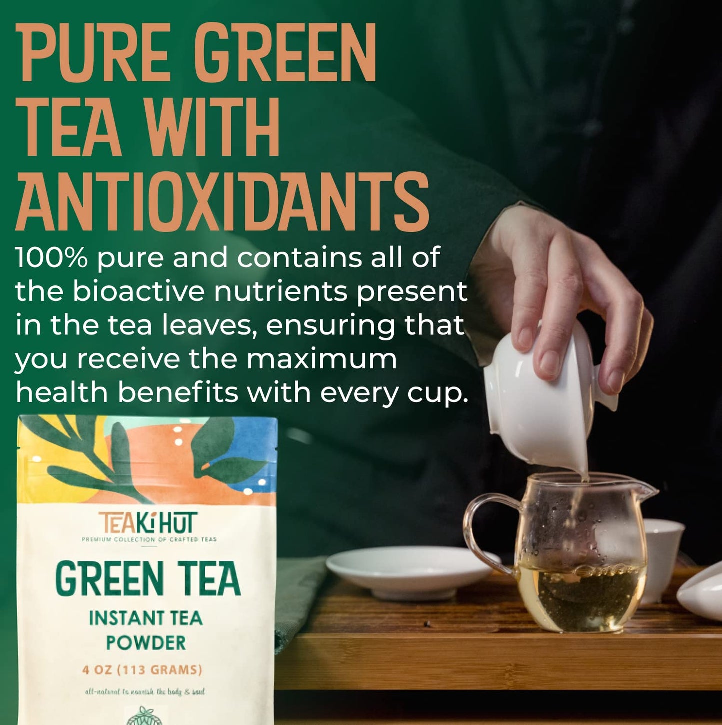 TEAki Hut Instant Green Tea Powder, Refreshing Unsweetened Drink mix, Premium Green Tea Instant Powder for Beverages, Smoothies or Baked Goods, Great