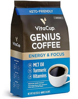 VitaCup Genius Ground Keto Coffee w/Turmeric, MCT Oil, B Vitamins, D3, Ground Coffee Medium Dark Roast, Bold & Smooth, 100% Arabica Coffee Grounds, 11
