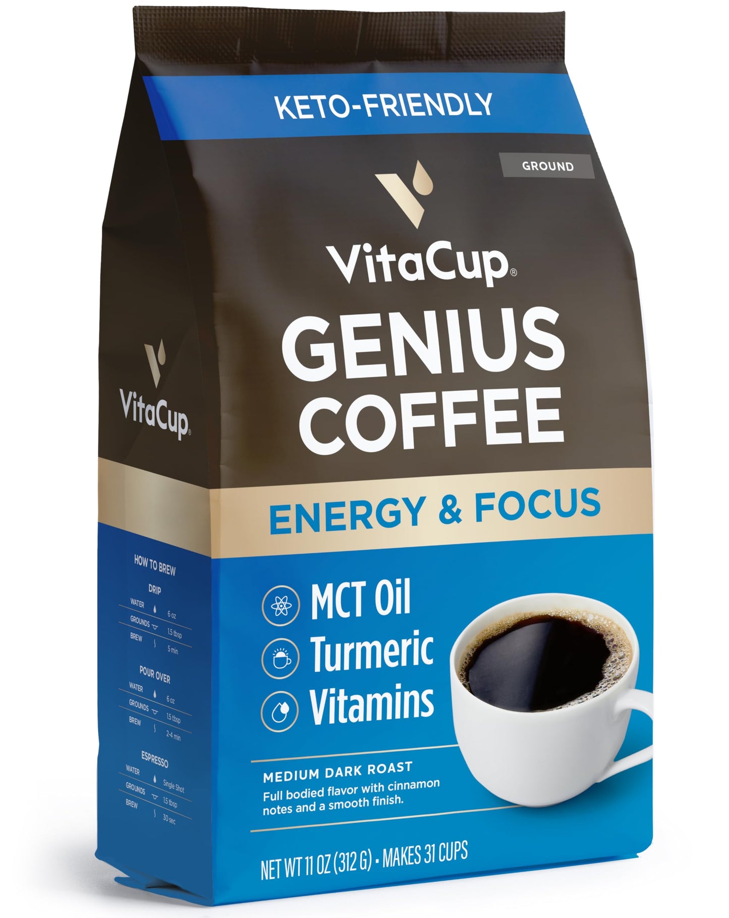 VitaCup Genius Ground Keto Coffee w/Turmeric, MCT Oil, B Vitamins, D3, Ground Coffee Medium Dark Roast, Bold & Smooth, 100% Arabica Coffee Grounds, 11