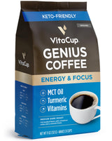 VitaCup Genius Ground Keto Coffee w/Turmeric, MCT Oil, B Vitamins, D3, Ground Coffee Medium Dark Roast, Bold & Smooth, 100% Arabica Coffee Grounds, 11
