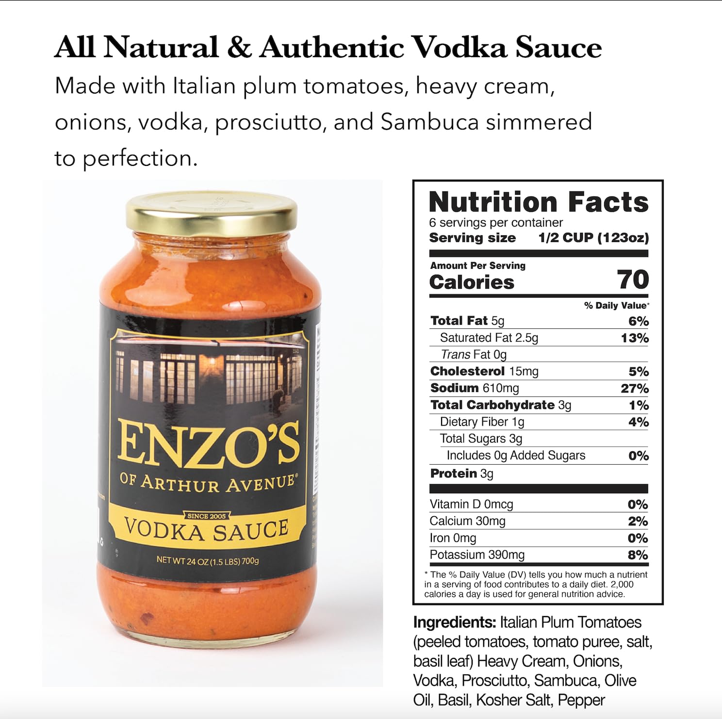 Enzo’s of Arthur Avenue Authentic Tomato Sauce, Authentic Homemade Italian Cuisine, Vodka Sauce, 1 Pack, 24 oz