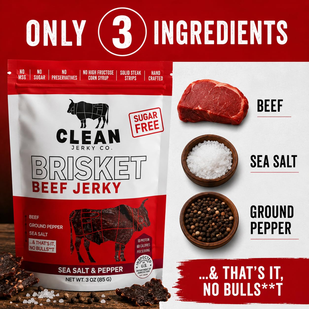 Clean Jerky Co. Old Fashioned Dry Zero Sugar Beef Jerky | Salt & Pepper - Flavorful High Protein Snacks | Healthy Snacks for Adults | Made with 100%