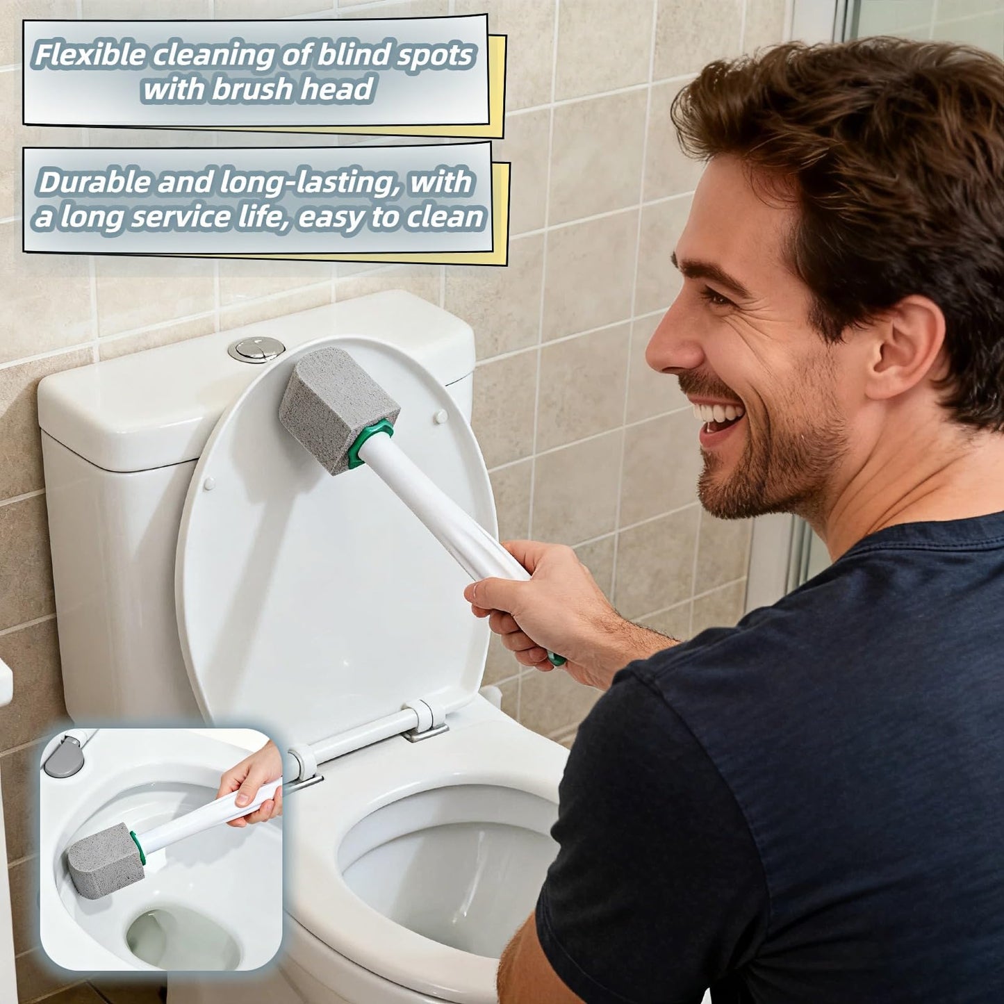 Pumice Toilet Brush Scrubber with 9.5” Handle - 1 Scrubber + 4 Pumice Stones - Remove Hard Water Stains, Rust & Lime from Toilet, Tub, Tile, Grill