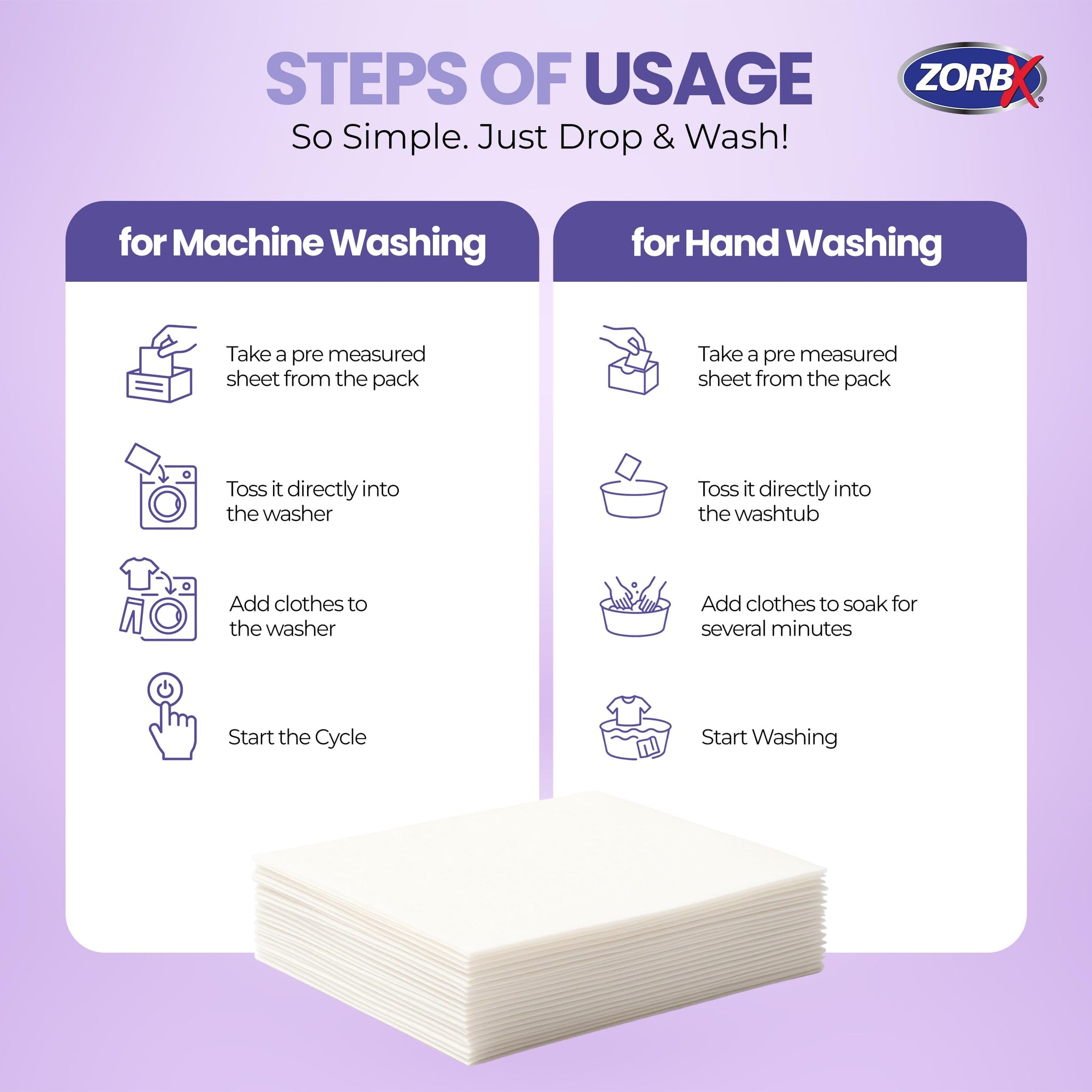 ZORBX Lavender Scented Laundry Detergent Sheets (60 Ct for Up to 120 Loads) - Liquid-less, Quick Dissolving Laundry Soap Sheets for Tackling Tough