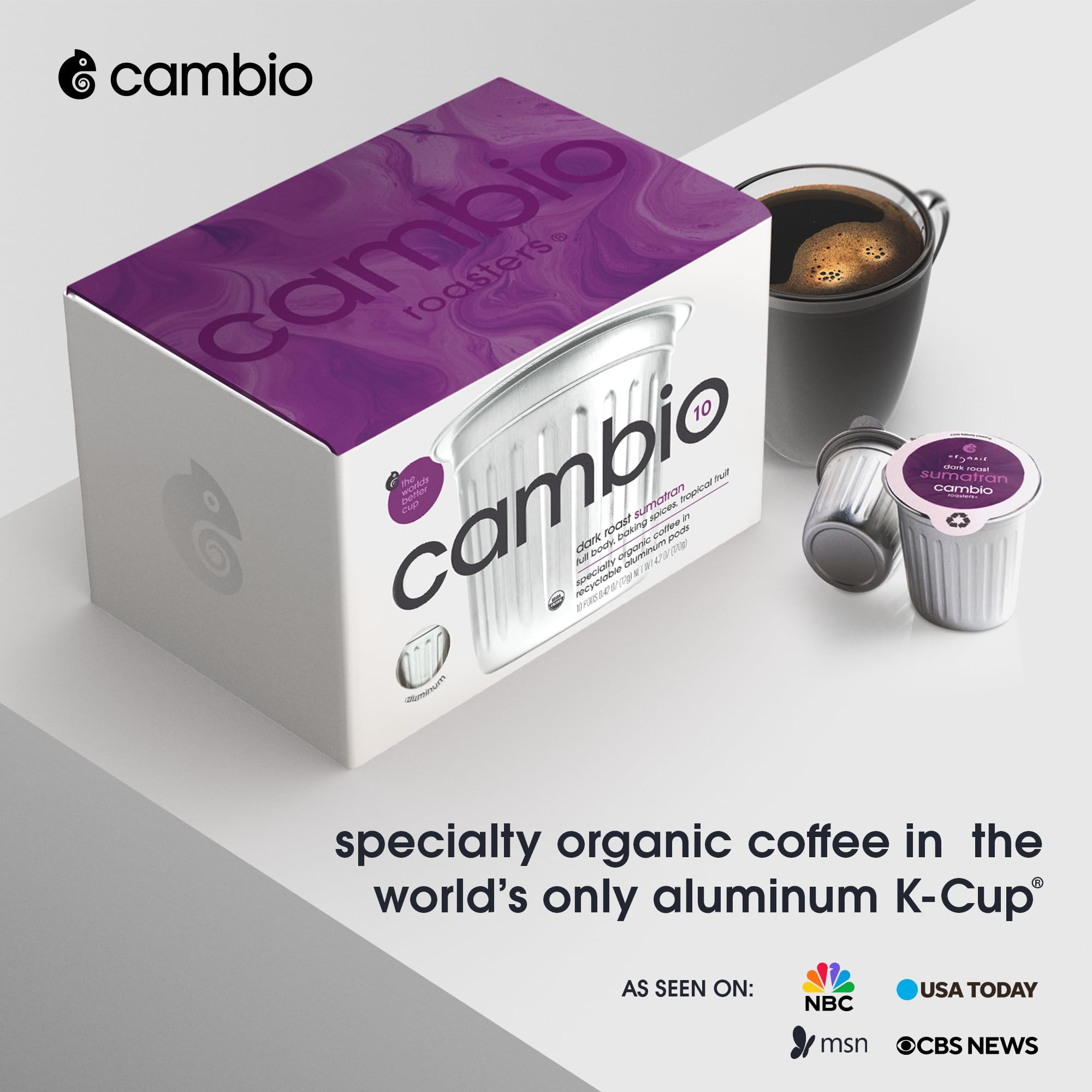 Cambio Roasters Sumatran Dark Roast Organic Coffee Pods - The Only Organic Recyclable Aluminum Coffee Pods, Small Batch Roasted, Keurig® Compatible