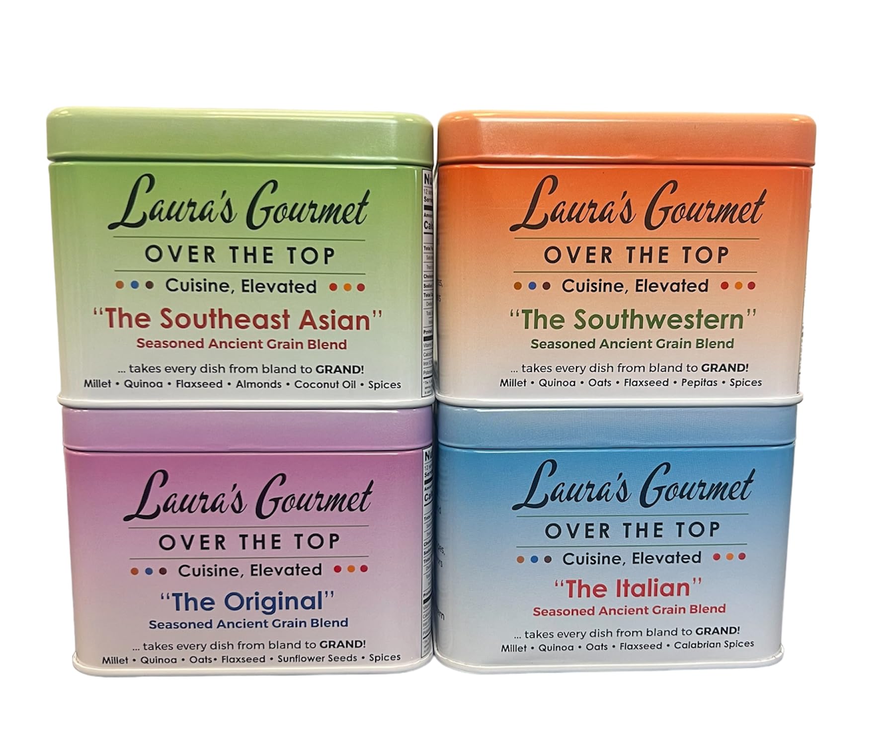 Laura’s Gourmet, Over The Top Savory Seasoned Ancient Grain Blends, Variety Pack 10 oz. Tins, 4 Pack, All-Natural, Gluten-Free Topper for Salads