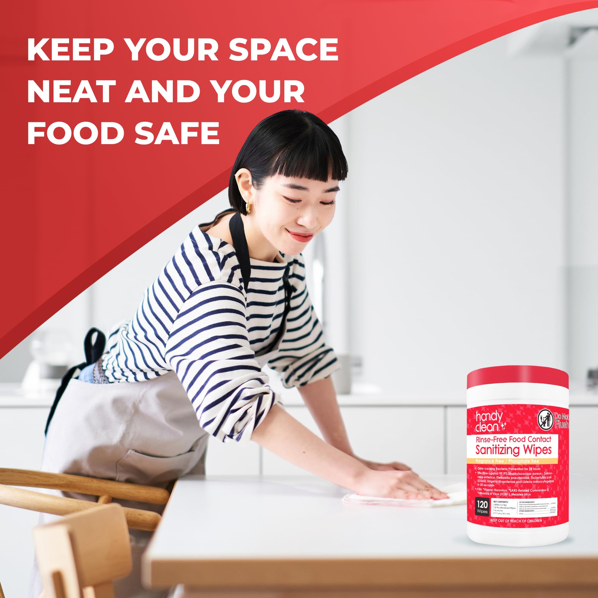 HandyClean Rinse-Free Food Contact Sanitizing Wipes Canister, Multi Surface Cleaning Supplies for Kitchen and Professional Setting One Canister (120