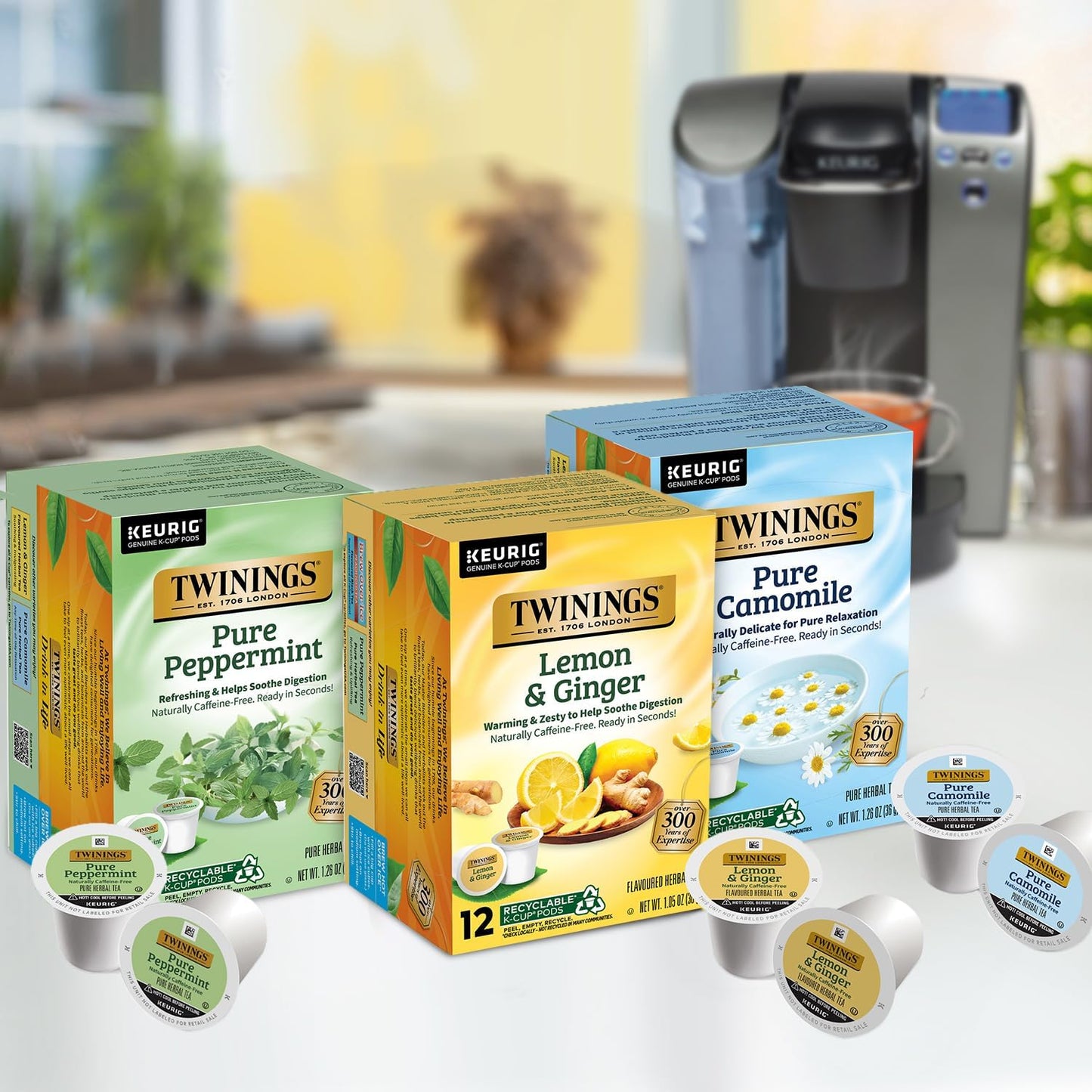 Twinings Herbal Tea K-Cup Pods for Keurig, Variety 3-Pack - Pure Peppermint, Pure Camomile + Lemon & Ginger Tea K-Cups, Naturally Caffeine-Free, 12