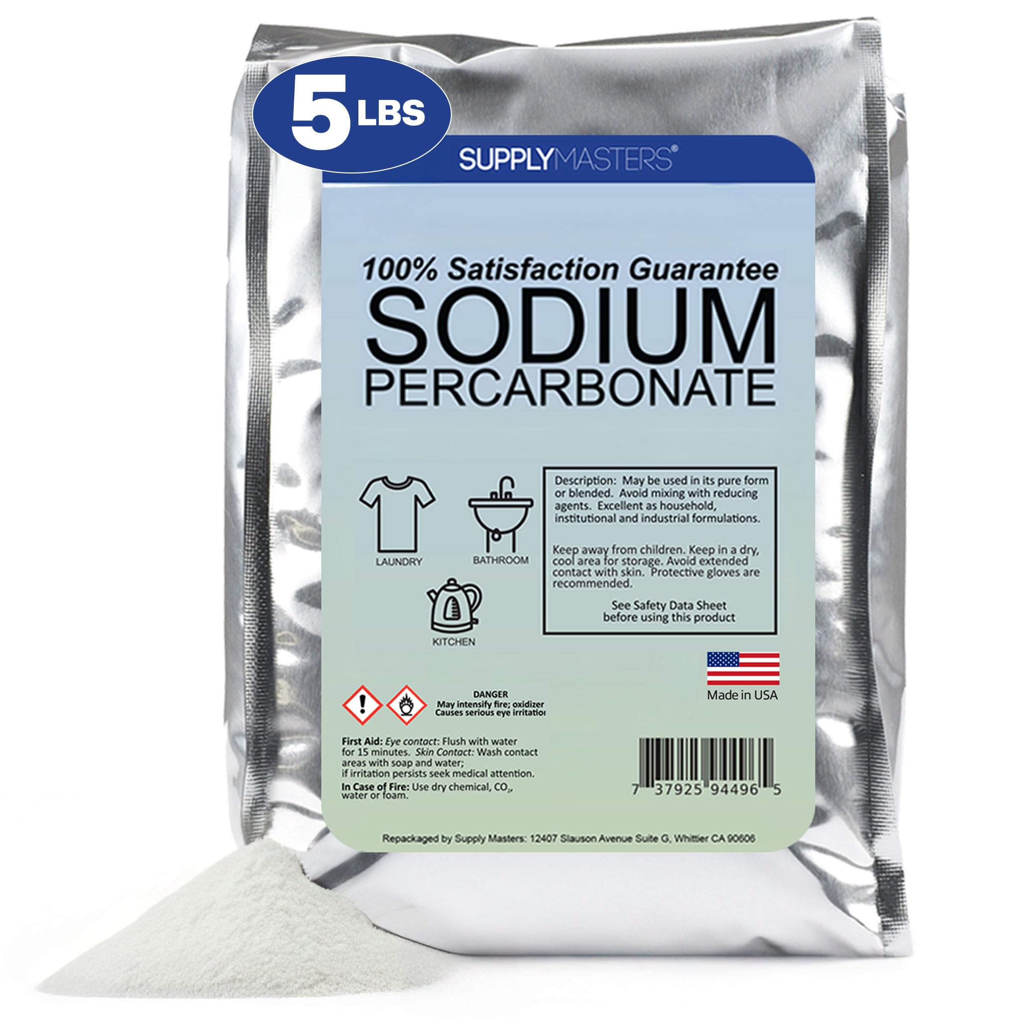 Supply Masters Sodium Percarbonate Powder 5 lbs - Non-Chlorine Oxygen Bleach Alternative & Stain Remover - Multi-Purpose Cleaner for Laundry, Carpets