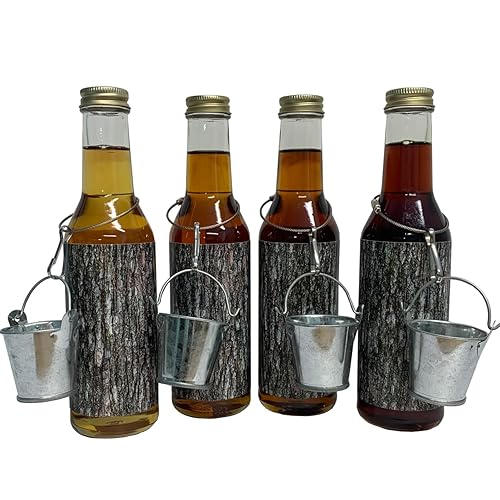 Vermont Maple Syrup Sampler Pack of Maple Trees, Four 8.5 oz Glass Bottle with Decorative Metal Sap Buckets, Pure, Small-Batch, Handcrafted on Small