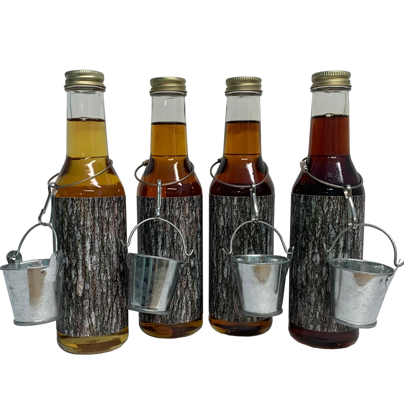 Vermont Maple Syrup Sampler Pack of Maple Trees, Four 8.5 oz Glass Bottle with Decorative Metal Sap Buckets, Pure, Small-Batch, Handcrafted on Small