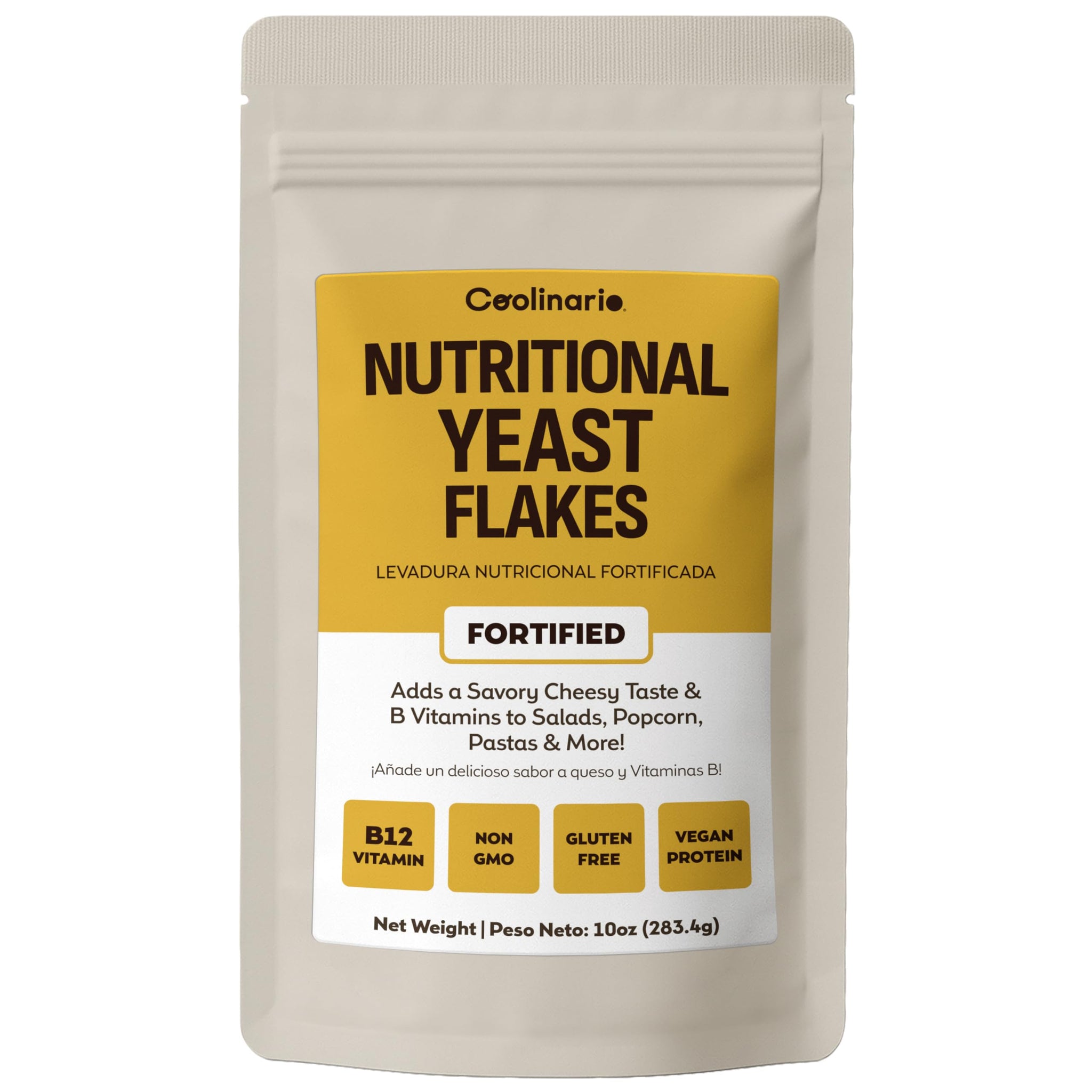 Coolinario Fortified Nutritional Yeast Flakes (10 OZ) Savory Cheese-Like Flavor for Vegan Cooking | Rich in B-Vitamins, Protein & Fiber | Ideal
