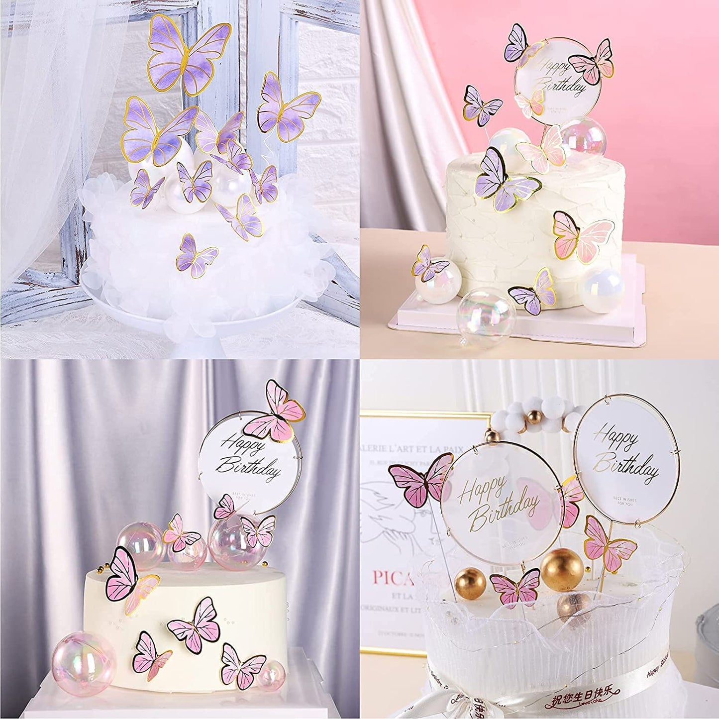 80Pcs Butterfly Cake Toppers Set Happy Birthday 3D Mixed Color Pink Purple Cupcake Picks Butterfly Cupcake Topper with Dot Glue Decorations